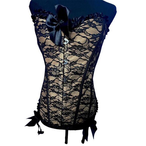 Womens Sz L Lace Corset Bow Ren Faire Valentines Lingerie Sexy Ruffle Boudoir - Picture 2 of 14